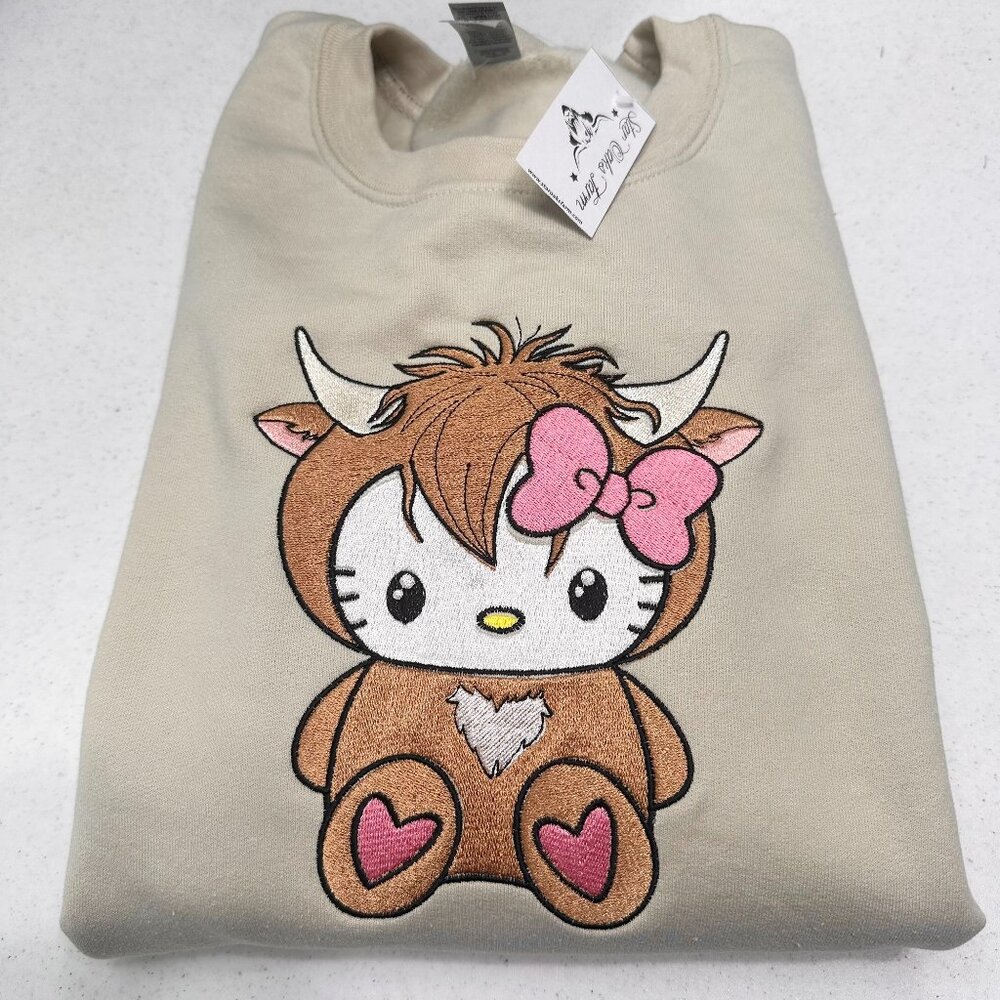 Hello Kitty Highland Cow YOUTH Sweatshirt Embroidered Kids Unisex Crewneck